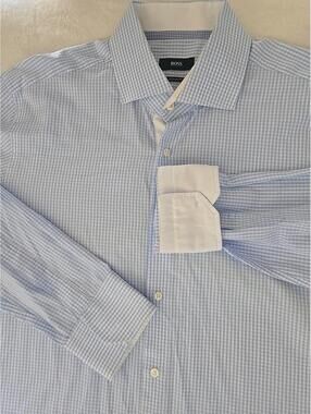 BOSS Hugo Boss Mens 16.5 M Blue White Plaid Button Up Shirt
